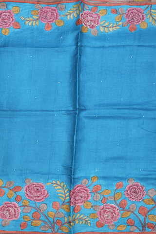 Mirror Threadwork Buttis Deep Sky Blue Tussar Silk Saree