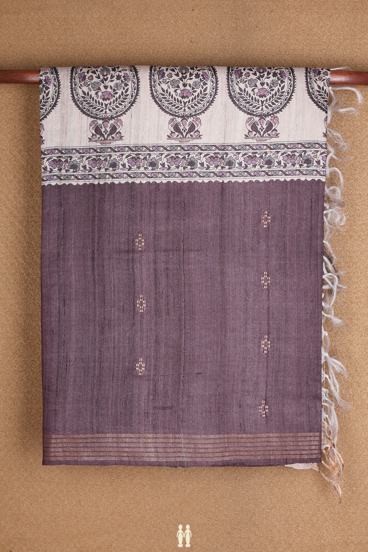 Paisley Design Dark Grey Tussar Madhubani Silk Saree