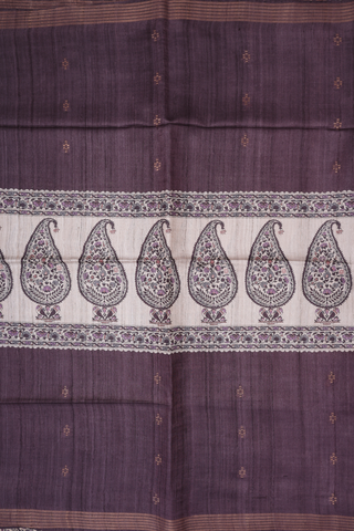 Paisley Design Dark Grey Tussar Madhubani Silk Saree