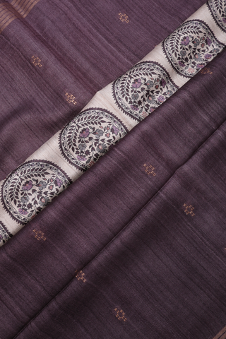 Paisley Design Dark Grey Tussar Madhubani Silk Saree