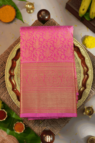 Paisley Floral Design Pink Kanchipuram Silk Saree