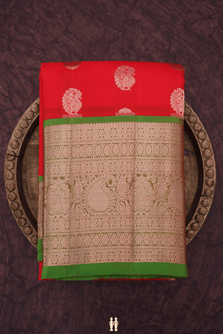 Peacock Chakram Buttas Chilli Red Kanchipuram Silk Saree