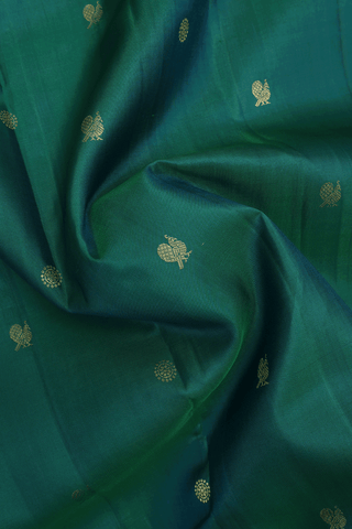 Peacock And Floral Buttis Teal Green Kanchipuram Silk Saree