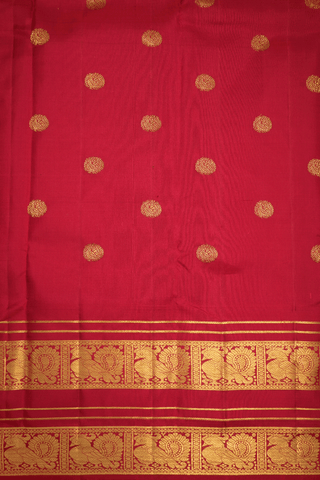 Peacock Zari Buttas Scarlet Red Kanchipuram Silk Saree