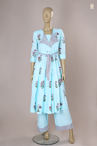 Front Tie-up Pattern Light Blue Printed Cotton Salwar Set