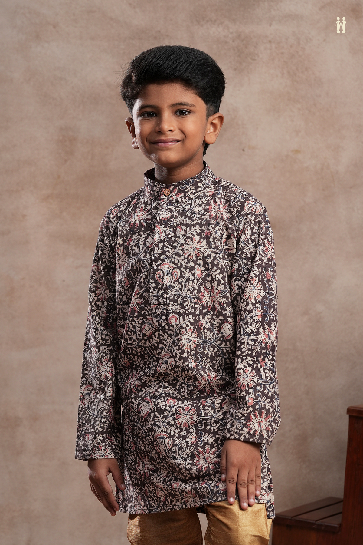 Chinese Collar Floral Design Dark Oak Brown Cotton Kurta