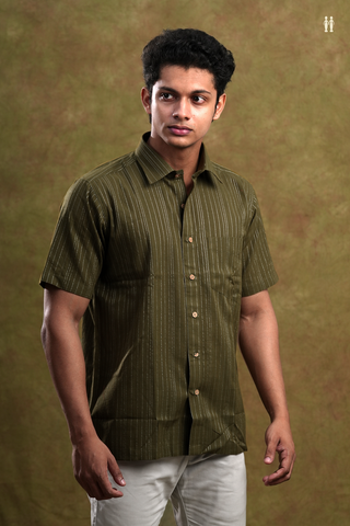 Regular Collar Stripes Design Dark Olive Green Cotton Shirt