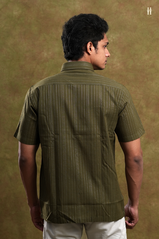 Regular Collar Stripes Design Dark Olive Green Cotton Shirt