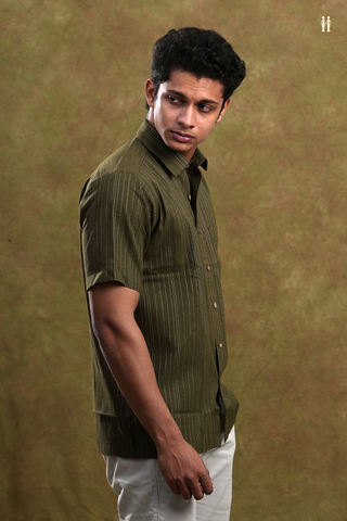 Regular Collar Stripes Design Dark Olive Green Cotton Shirt