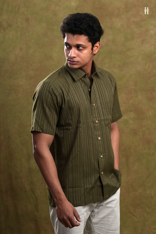 Regular Collar Stripes Design Dark Olive Green Cotton Shirt