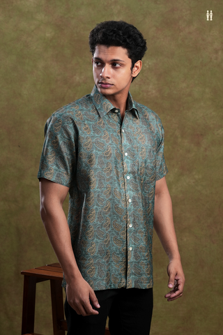 Regular Collar Paisley Design Green Tussar Silk Shirt