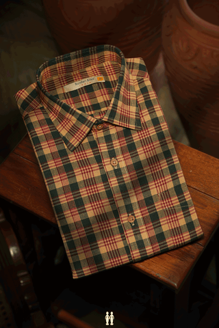 Regular Collar Checks Design Tan And Green Cotton Shirt