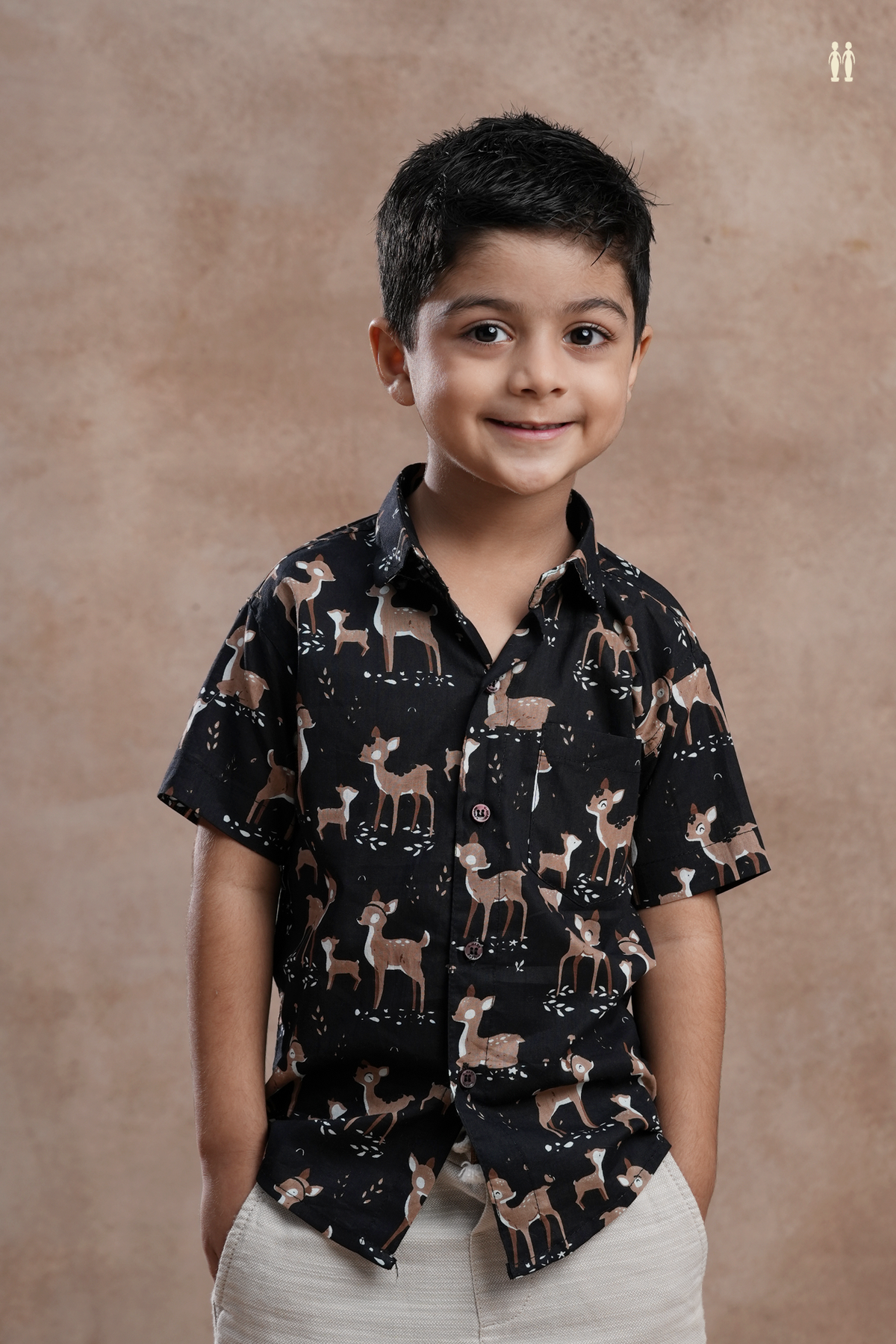 Regular Collar Deer Printed Black Cotton Shirt