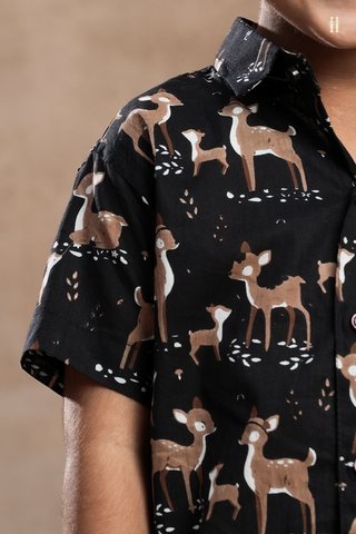 Regular Collar Deer Printed Black Cotton Shirt