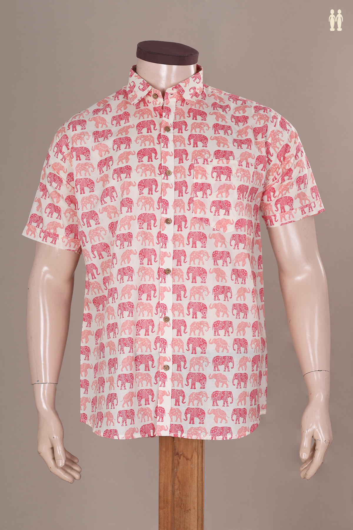 Regular Collar Elephant Design Beige Cotton Shirt