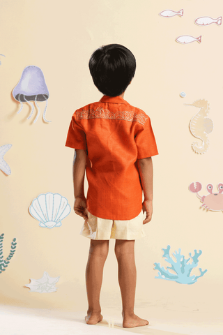 Embroidered Design Orange Linen Shirt And Bottom Set