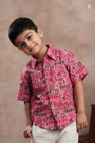 Regular Collar Warli Printed Pink Cotton Shirt