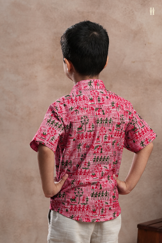 Regular Collar Warli Printed Pink Cotton Shirt