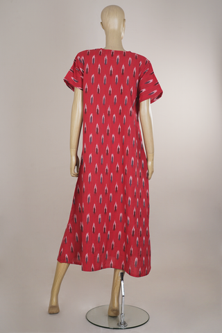 Round Neck Ikat Buttas Red Cotton Nightie