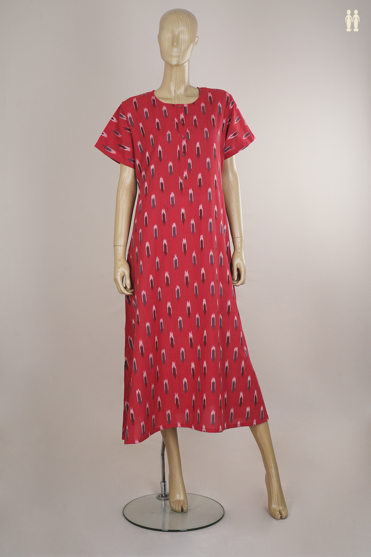 Round Neck Ikat Buttas Red Cotton Nightie