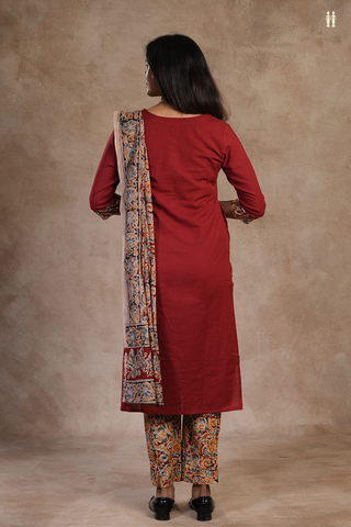 Round Neck Plain Red Cotton Salwar Set