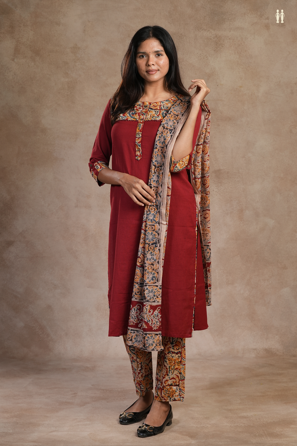 Round Neck Plain Red Cotton Salwar Set