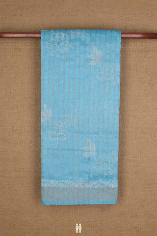 Linen Saree In Light Blue With Allover Floral Printed Design