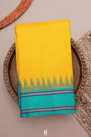 Kanchipuram Silk Saree In Saffron Yellow With Temple Border