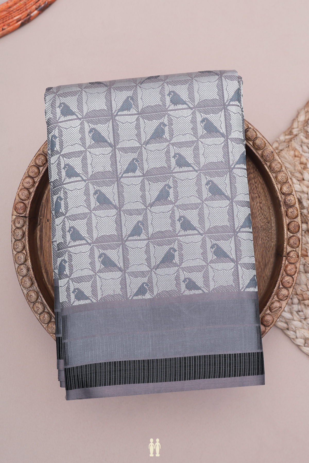 Kanchipuram Silk Saree In Dusty Grey With Parrot Design