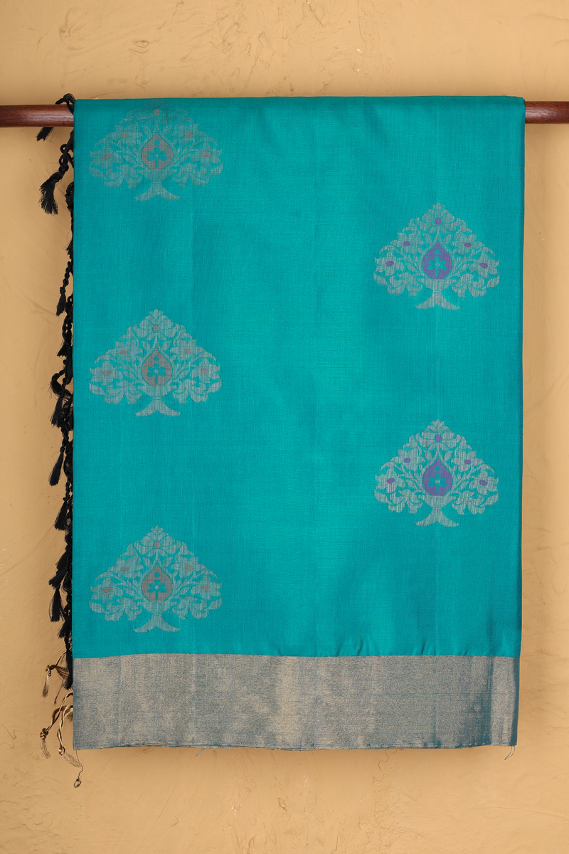 Soft Silk Saree In Teal Blue With Tree Motifs