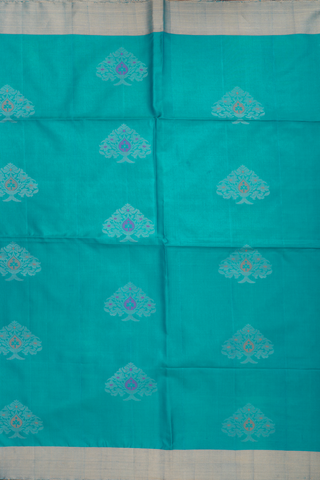 Soft Silk Saree In Teal Blue With Tree Motifs