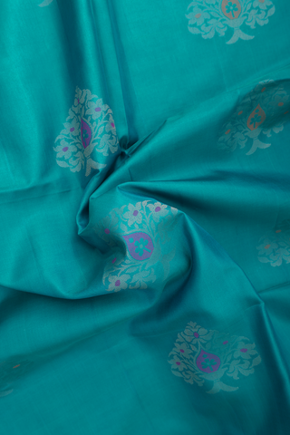 Soft Silk Saree In Teal Blue With Tree Motifs