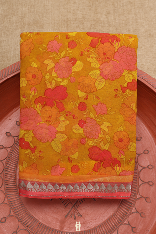 Floral Digital Printed Ochre Orange Chiffon Saree