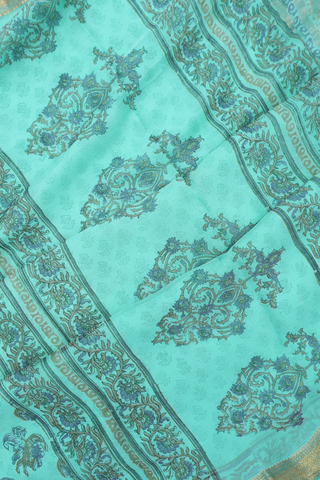 Floral Printed Design Turkish Blue Chiffon Saree