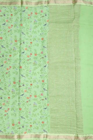 Botanical Digital Printed Pale Green Chiffon Saree