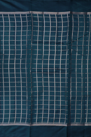 Raw Silk Saree In Dark Aegean Blue With Allover Checks Design