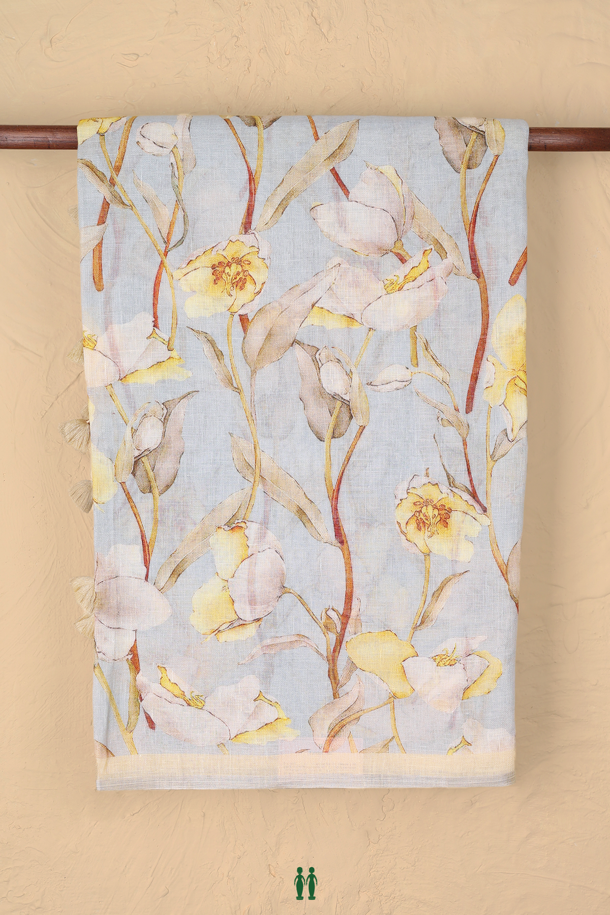 Linen Saree In Light Grey With Floral Printed Design