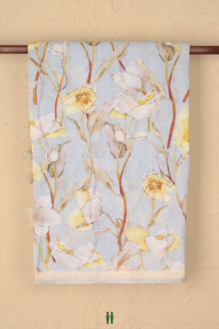 Linen Saree In Light Grey With Floral Printed Design