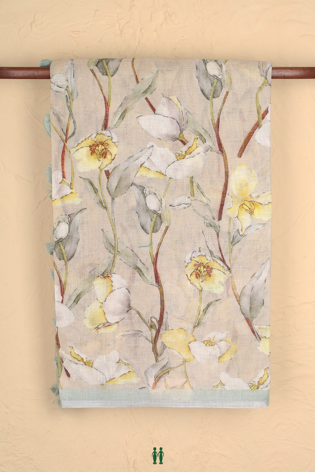 Linen Saree In Pastel Khaki With Floral Printed Design