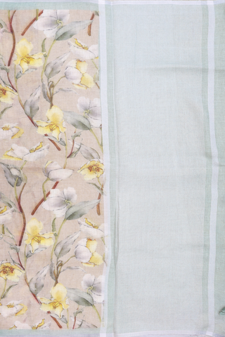 Linen Saree In Pastel Khaki With Floral Printed Design