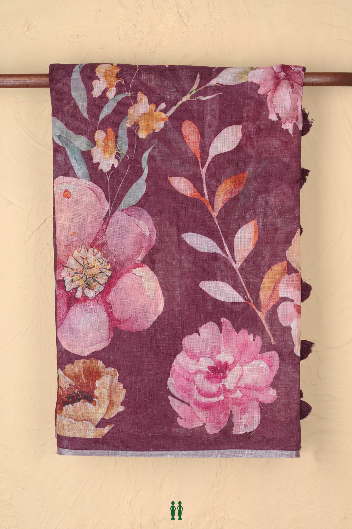 Linen Saree In Berry Purple With Floral Printed Design