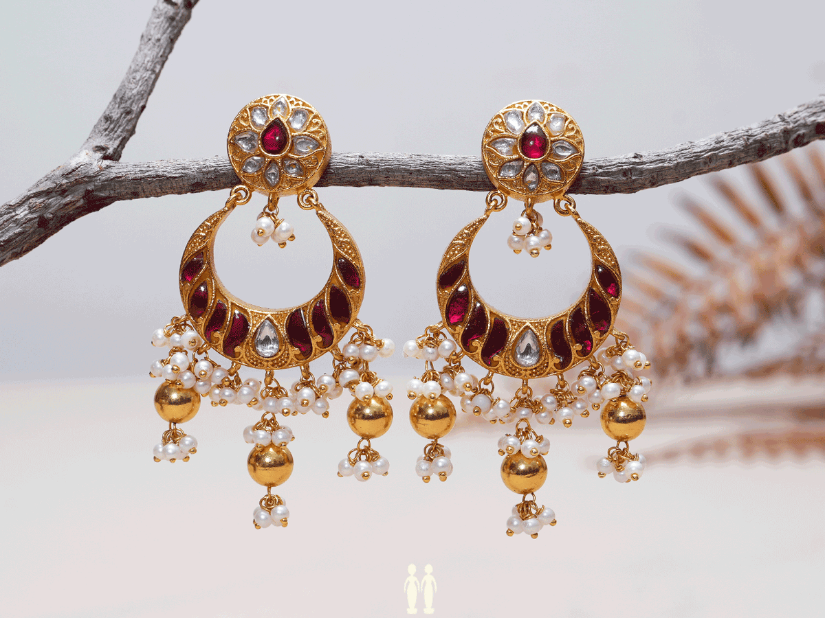 Pink And Crystal Stone Chandbali Gold-Plated Silver Earrings