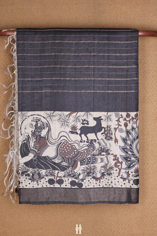 Striped Design Charcoal Grey Tussar Madhubani Silk Saree