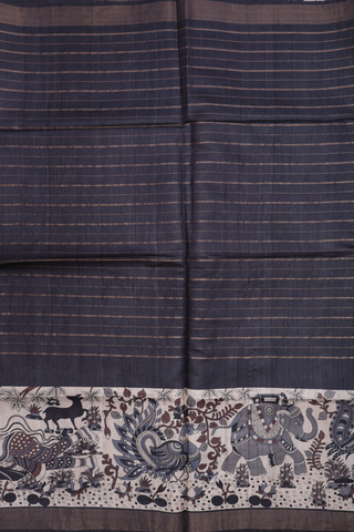 Striped Design Charcoal Grey Tussar Madhubani Silk Saree