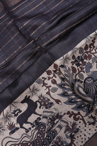 Striped Design Charcoal Grey Tussar Madhubani Silk Saree