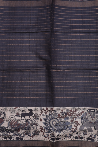 Striped Design Charcoal Grey Tussar Madhubani Silk Saree