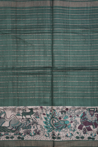 Striped Design Fern Green Tussar Madhubani Silk Saree