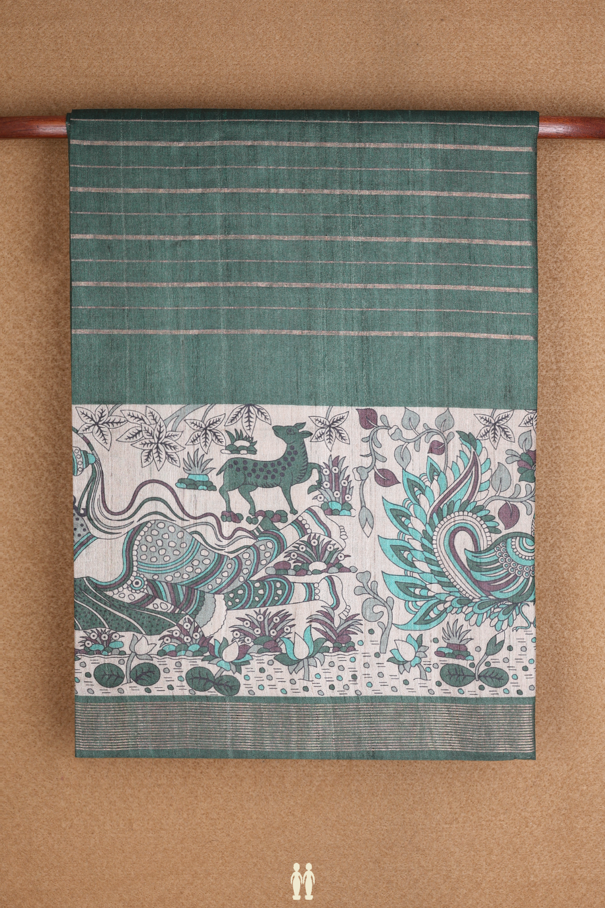 Striped Design Fern Green Tussar Madhubani Silk Saree