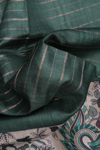 Striped Design Fern Green Tussar Madhubani Silk Saree