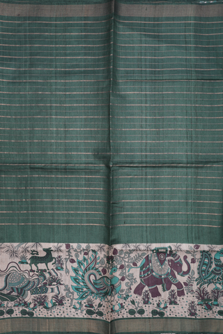 Striped Design Fern Green Tussar Madhubani Silk Saree